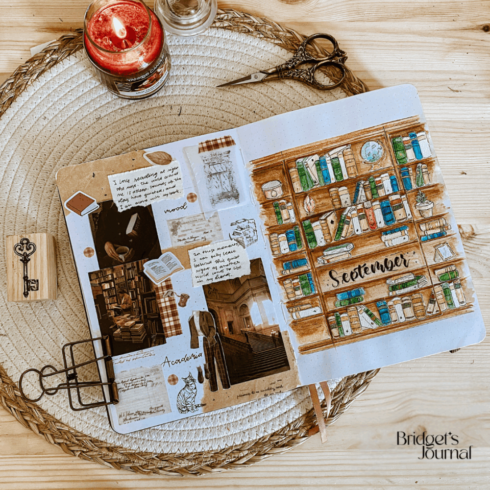 cover page bullet journal tema dark academia con libreria e collage